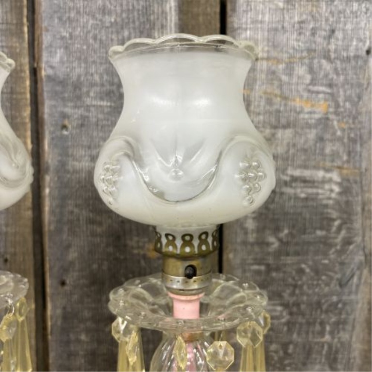 A Pair of Vintage Frosted Glass Boudoir Lamps with Amber Prisms and Grape Motif