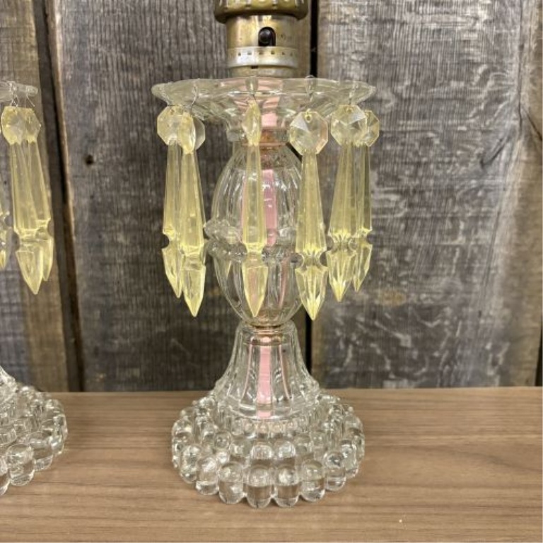 A Pair of Vintage Frosted Glass Boudoir Lamps with Amber Prisms and Grape Motif
