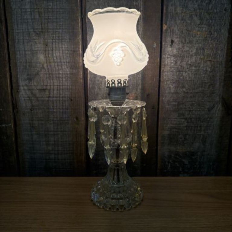 Mid-Century Glass Boudoir Lamp with Frosted Grape Shade and Hanging Prisms
