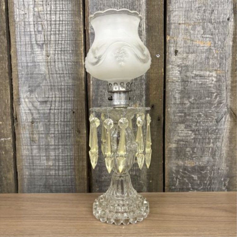 Mid-Century Glass Boudoir Lamp with Frosted Grape Shade and Hanging Prisms