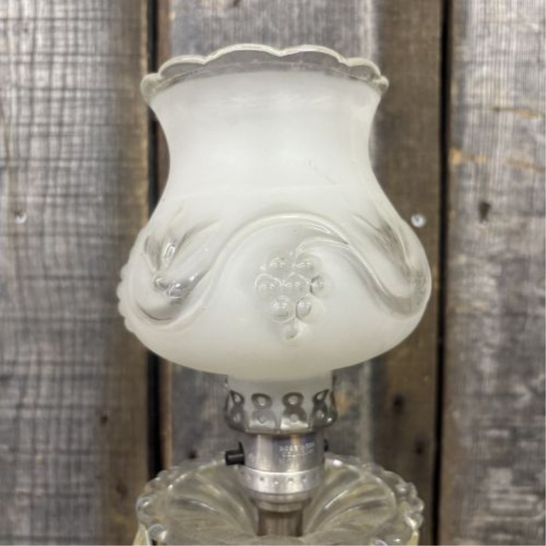 Mid-Century Glass Boudoir Lamp with Frosted Grape Shade and Hanging Prisms