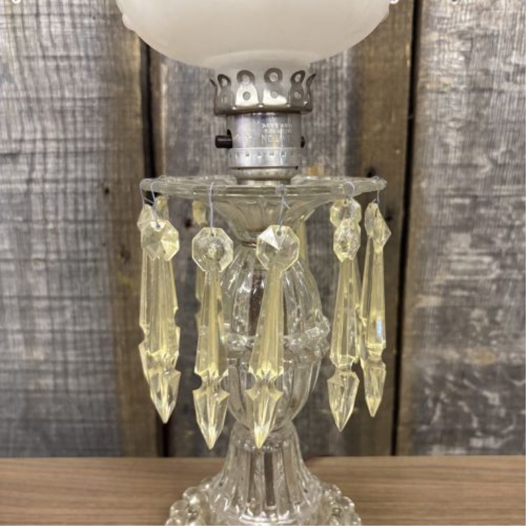 Mid-Century Glass Boudoir Lamp with Frosted Grape Shade and Hanging Prisms