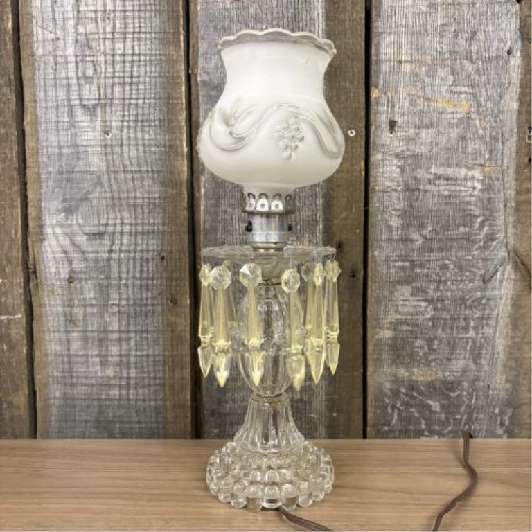Mid-Century Glass Boudoir Lamp with Frosted Grape Shade and Hanging Prisms