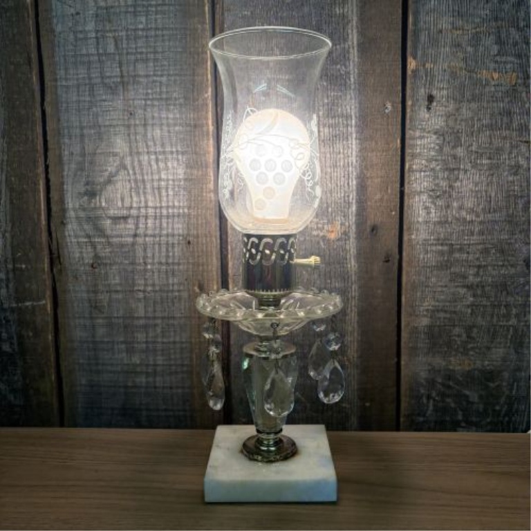 Vintage Glass Hurricane Boudoir Lamp with Prisms and Marble Base