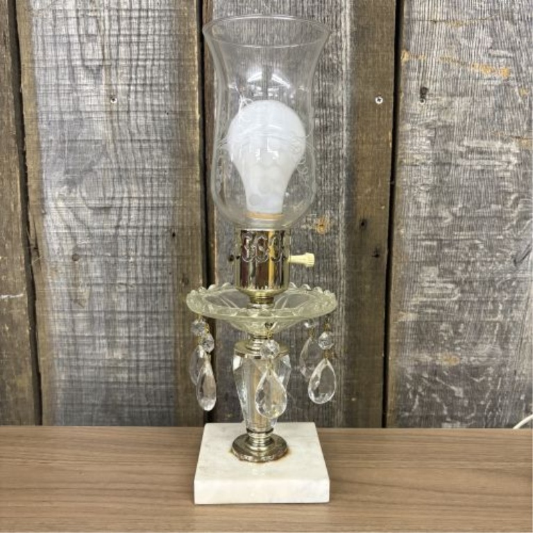 Vintage Glass Hurricane Boudoir Lamp with Prisms and Marble Base