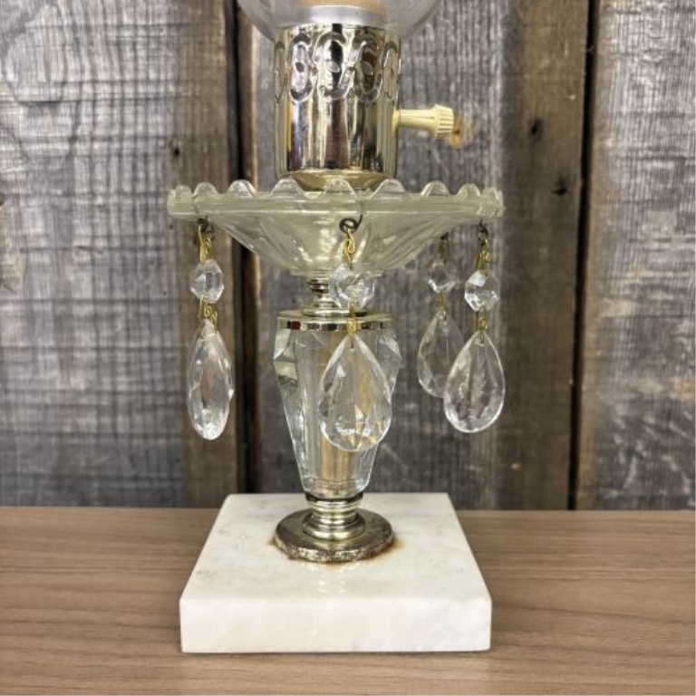 Vintage Glass Hurricane Boudoir Lamp with Prisms and Marble Base