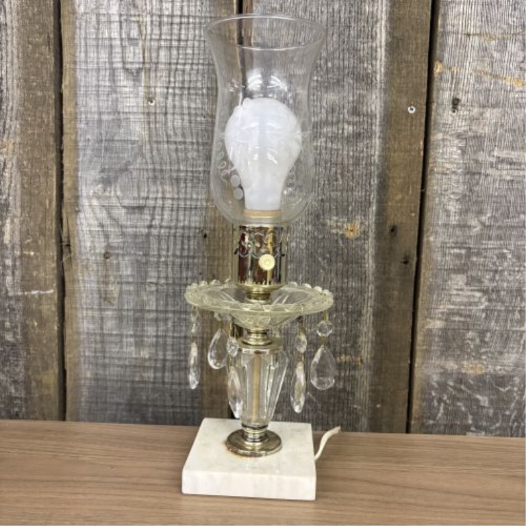 Vintage Glass Hurricane Boudoir Lamp with Prisms and Marble Base