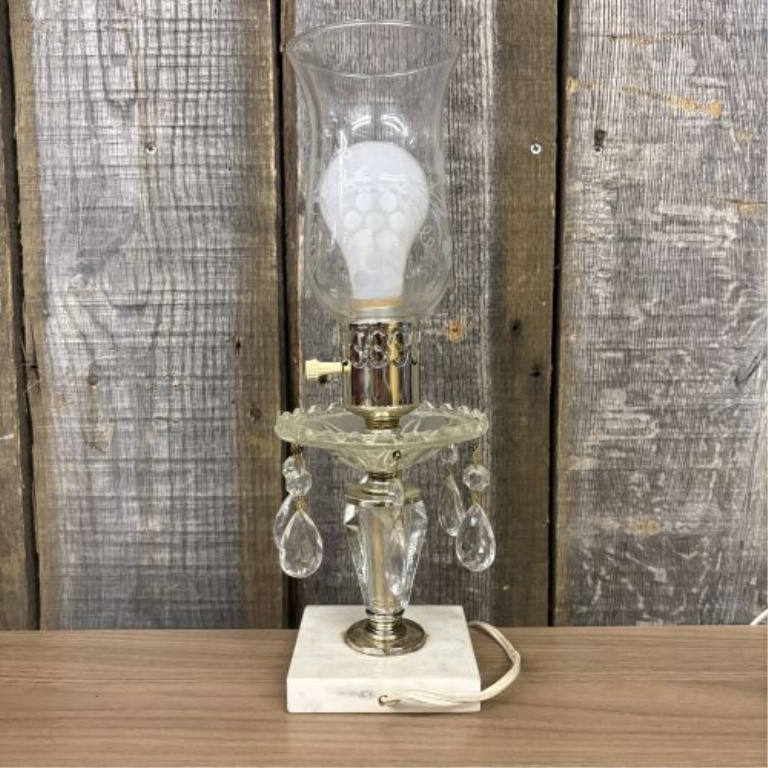 Vintage Glass Hurricane Boudoir Lamp with Prisms and Marble Base