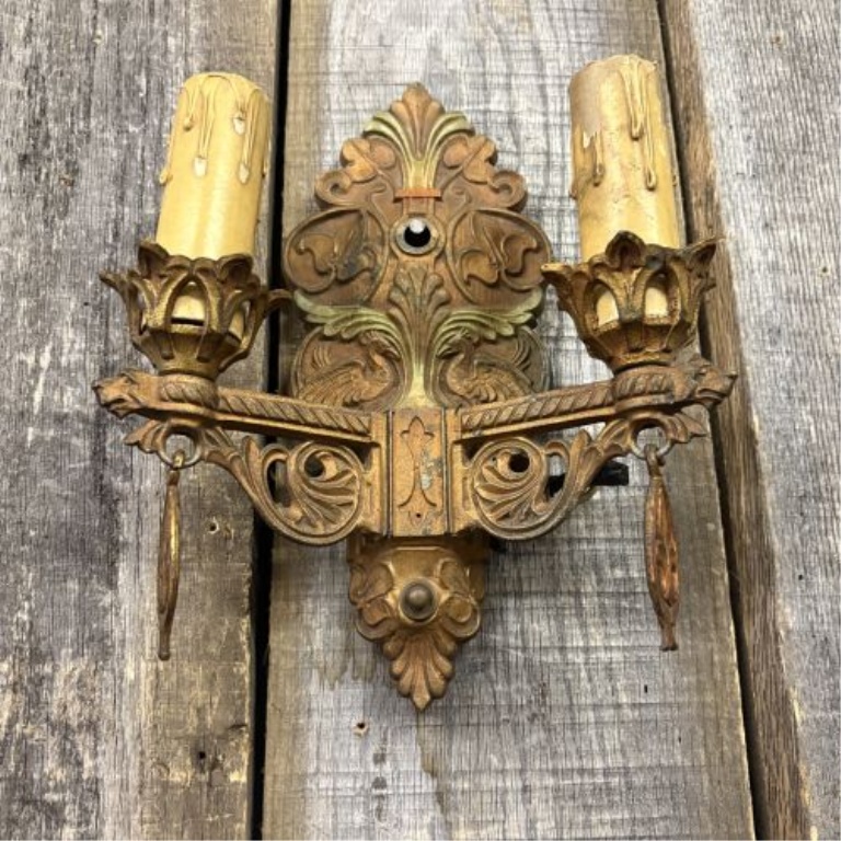 An American Neoclassical Revival Polychrome Cast Metal Double-Arm Wall Sconce
