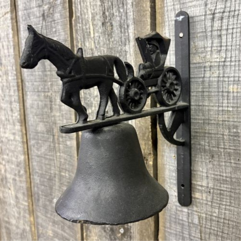 Cast Iron Wall Mounted Bell with Horse and Buggy Silhouette Topper