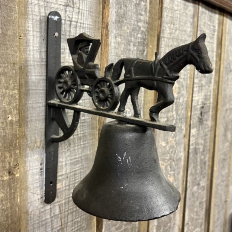Cast Iron Wall Mounted Bell with Horse and Buggy Silhouette Topper