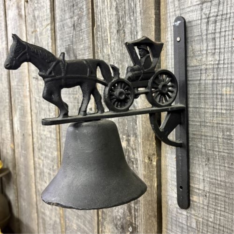 Cast Iron Wall Mounted Bell with Horse and Buggy Silhouette Topper