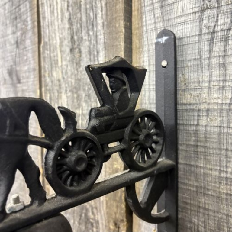 Cast Iron Wall Mounted Bell with Horse and Buggy Silhouette Topper