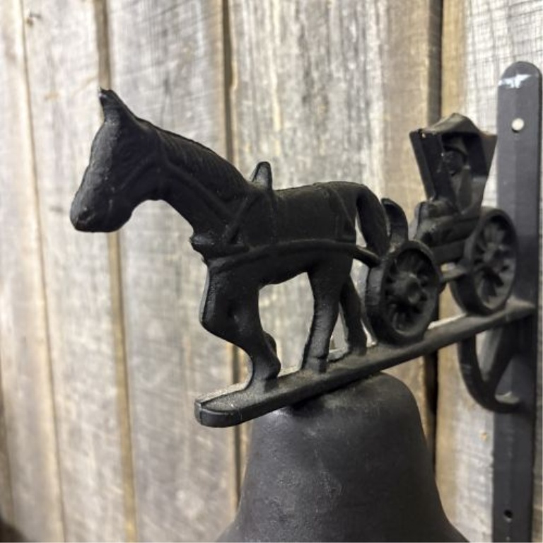 Cast Iron Wall Mounted Bell with Horse and Buggy Silhouette Topper