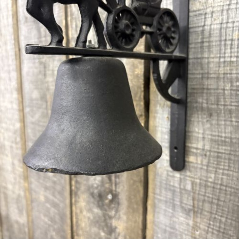 Cast Iron Wall Mounted Bell with Horse and Buggy Silhouette Topper