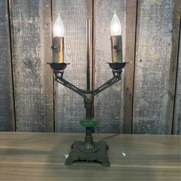 Art Deco Two-Light Electric Table Lamp with Green Jadeite Glass Accent