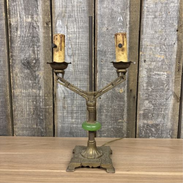 Art Deco Two-Light Electric Table Lamp with Green Jadeite Glass Accent