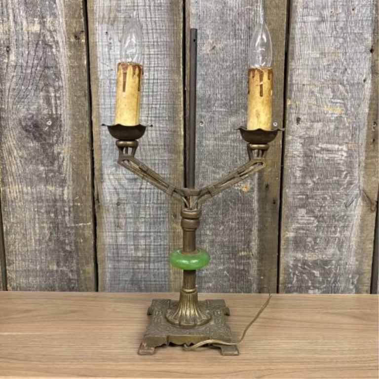 Art Deco Two-Light Electric Table Lamp with Green Jadeite Glass Accent