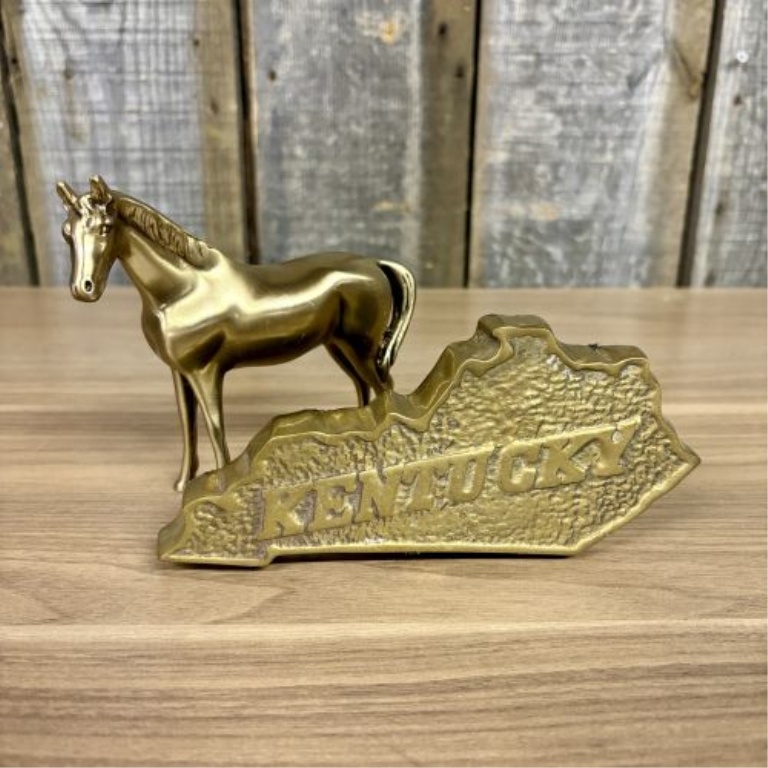 Two Decorative Brass-Toned Metal Items Including a Fritz Brass Kentucky State Paperweight and a Standing Horse Figurine