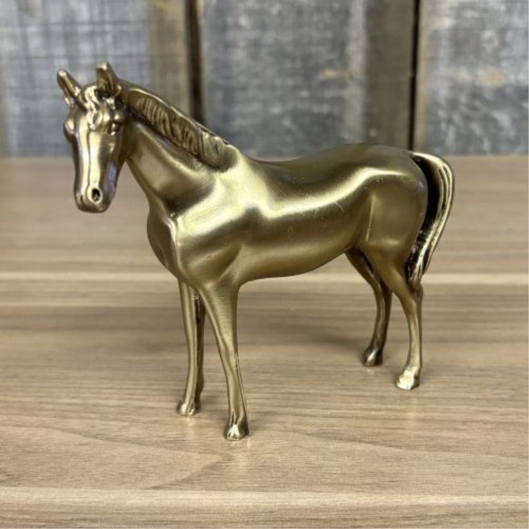 Two Decorative Brass-Toned Metal Items Including a Fritz Brass Kentucky State Paperweight and a Standing Horse Figurine