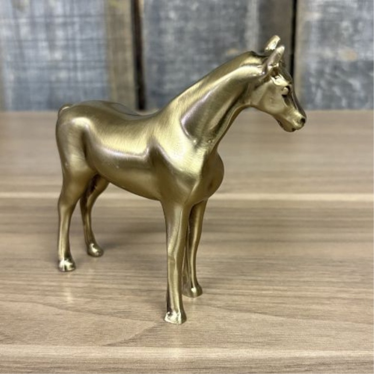 Two Decorative Brass-Toned Metal Items Including a Fritz Brass Kentucky State Paperweight and a Standing Horse Figurine