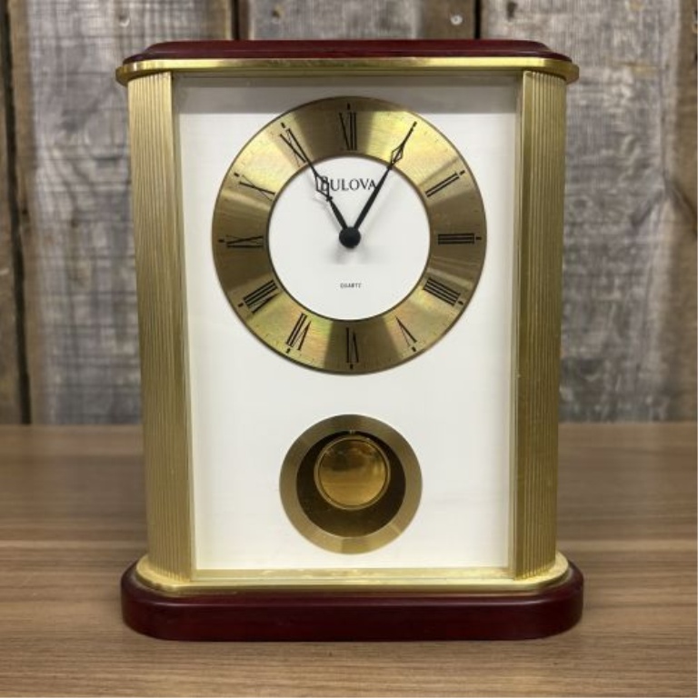 Bulova Gold-Tone and Wood-Finished Quartz Mantel Clock with Pendulum