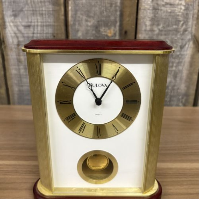 Bulova Gold-Tone and Wood-Finished Quartz Mantel Clock with Pendulum
