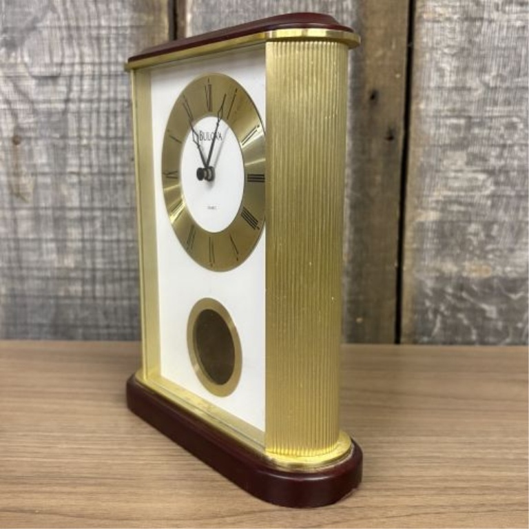 Bulova Gold-Tone and Wood-Finished Quartz Mantel Clock with Pendulum