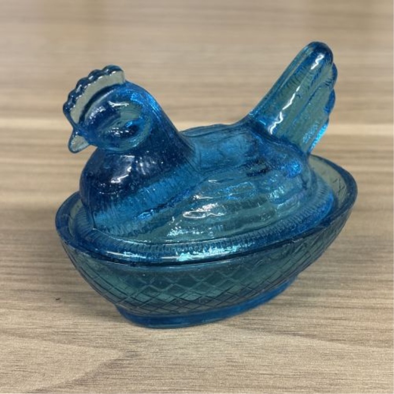 Miniature Teal Blue Pressed Glass Hen on Nest Covered Dish