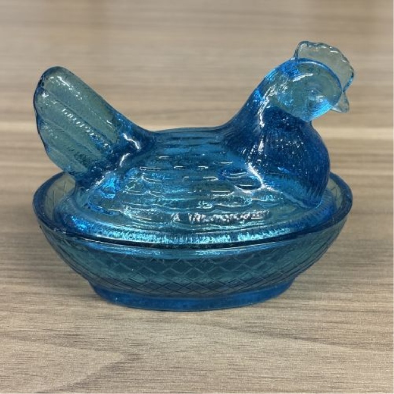 Miniature Teal Blue Pressed Glass Hen on Nest Covered Dish
