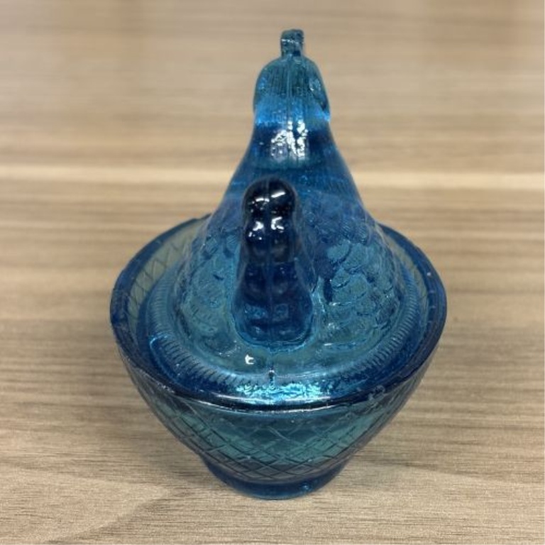 Miniature Teal Blue Pressed Glass Hen on Nest Covered Dish