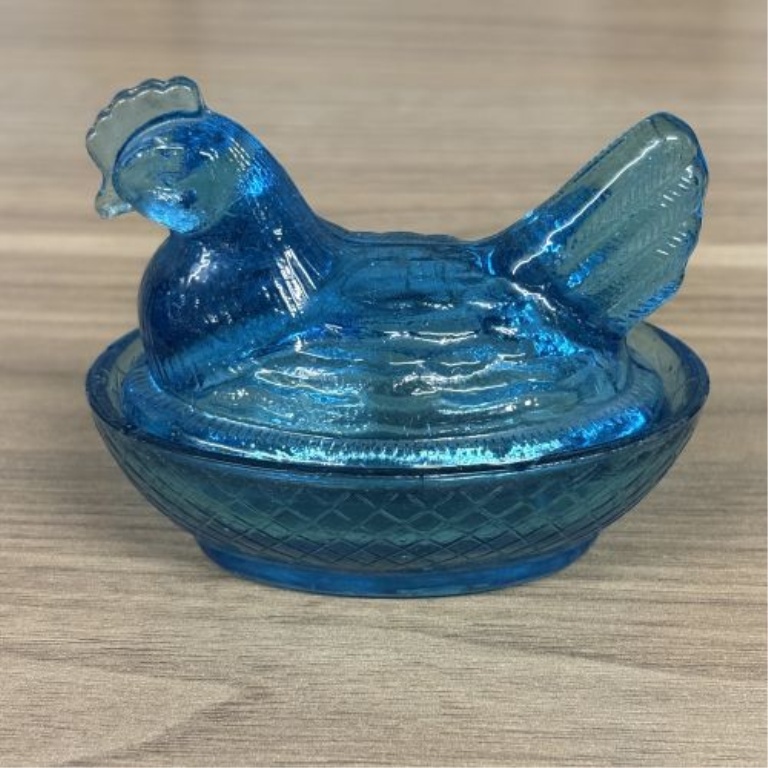 Miniature Teal Blue Pressed Glass Hen on Nest Covered Dish