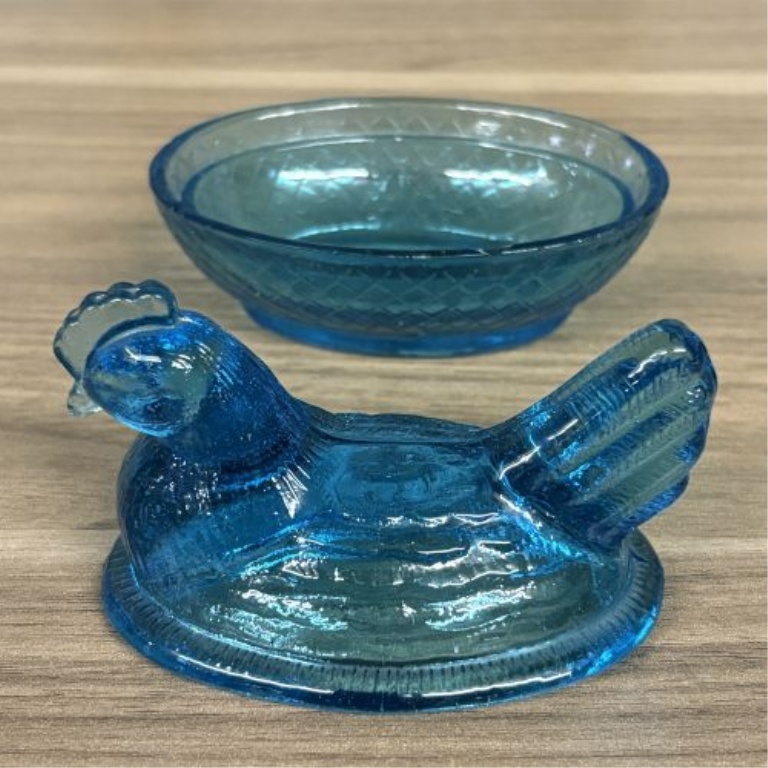 Miniature Teal Blue Pressed Glass Hen on Nest Covered Dish