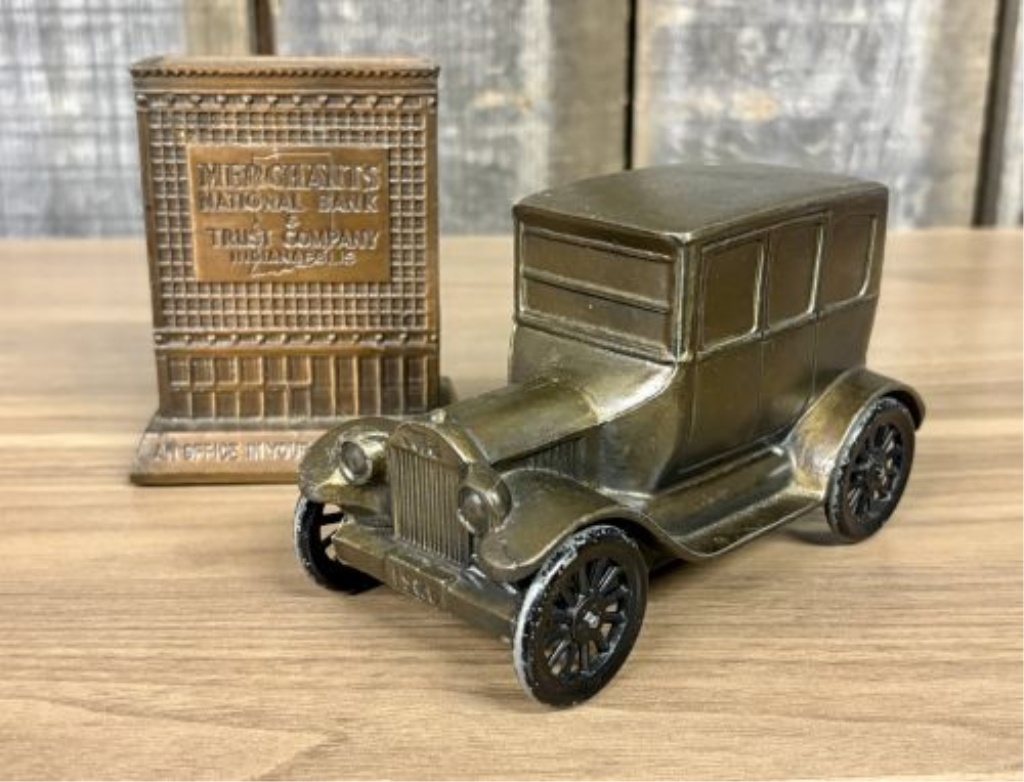 A Pair of Vintage Banthrico Advertising Still Banks, Merchants National Bank Building and 1926 Sedan