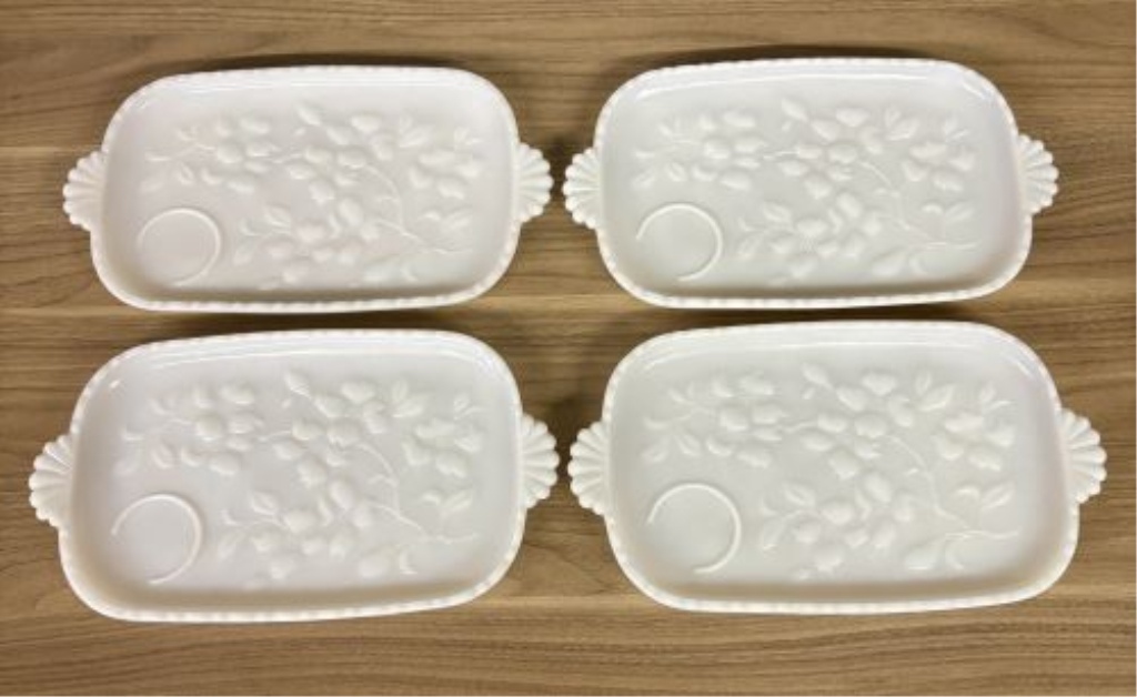 A Set of Four MacBeth-Evans Dogwood Pattern Milk Glass Snack Trays