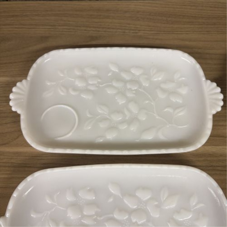 A Set of Four MacBeth-Evans Dogwood Pattern Milk Glass Snack Trays
