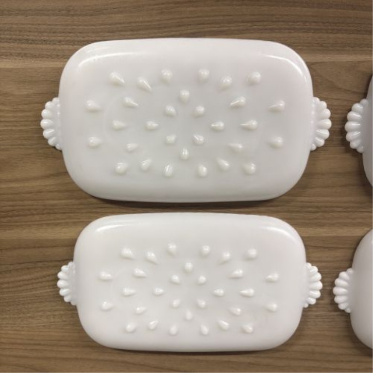 A Set of Four MacBeth-Evans Dogwood Pattern Milk Glass Snack Trays