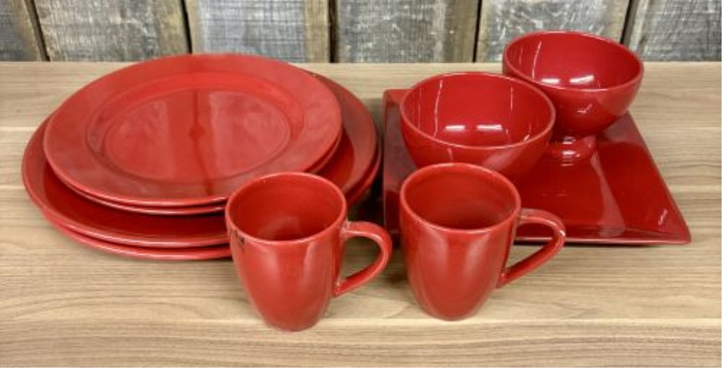 Noble Excellence Candy Apple Red Glazed Ceramic 9 Piece Dinnerware Set