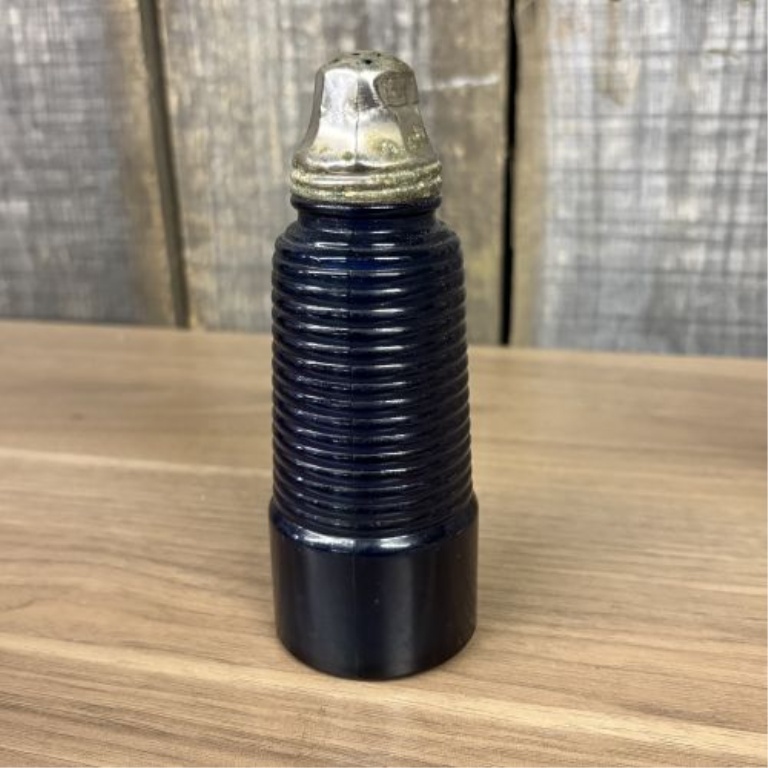 A Collection of Vintage Clear and Cobalt Blue Glass Salt and Pepper Shakers, Dresser Jars, and Lidded Containers