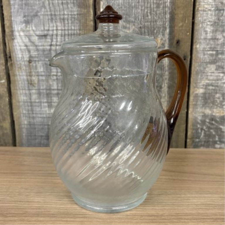 Vintage Depression Era Spiral Optic Glass Pitcher with Applied Amber Handle and Matching Lid