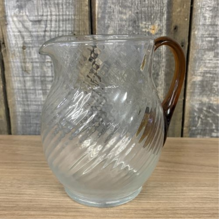 Vintage Depression Era Spiral Optic Glass Pitcher with Applied Amber Handle and Matching Lid