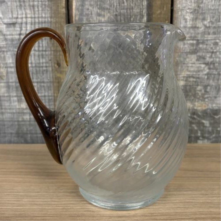 Vintage Depression Era Spiral Optic Glass Pitcher with Applied Amber Handle and Matching Lid