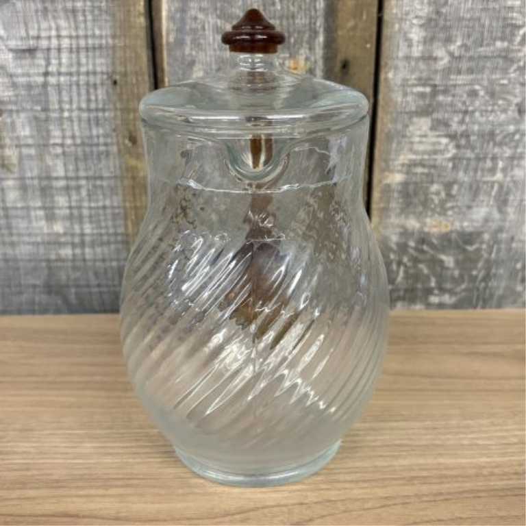 Vintage Depression Era Spiral Optic Glass Pitcher with Applied Amber Handle and Matching Lid