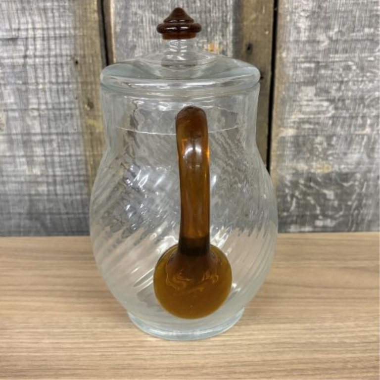 Vintage Depression Era Spiral Optic Glass Pitcher with Applied Amber Handle and Matching Lid
