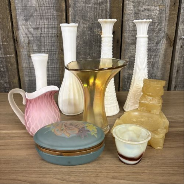 An Assortment of Vintage Art Glass, Milk Glass, and Carved Stone Items