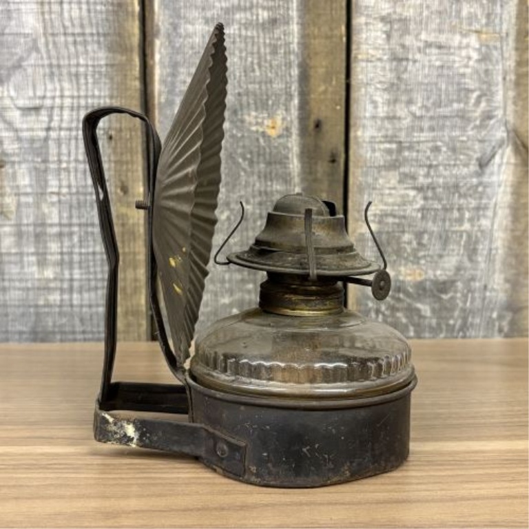 Antique Metal and Pressed Glass Bracket Lamp with Fluted Reflector