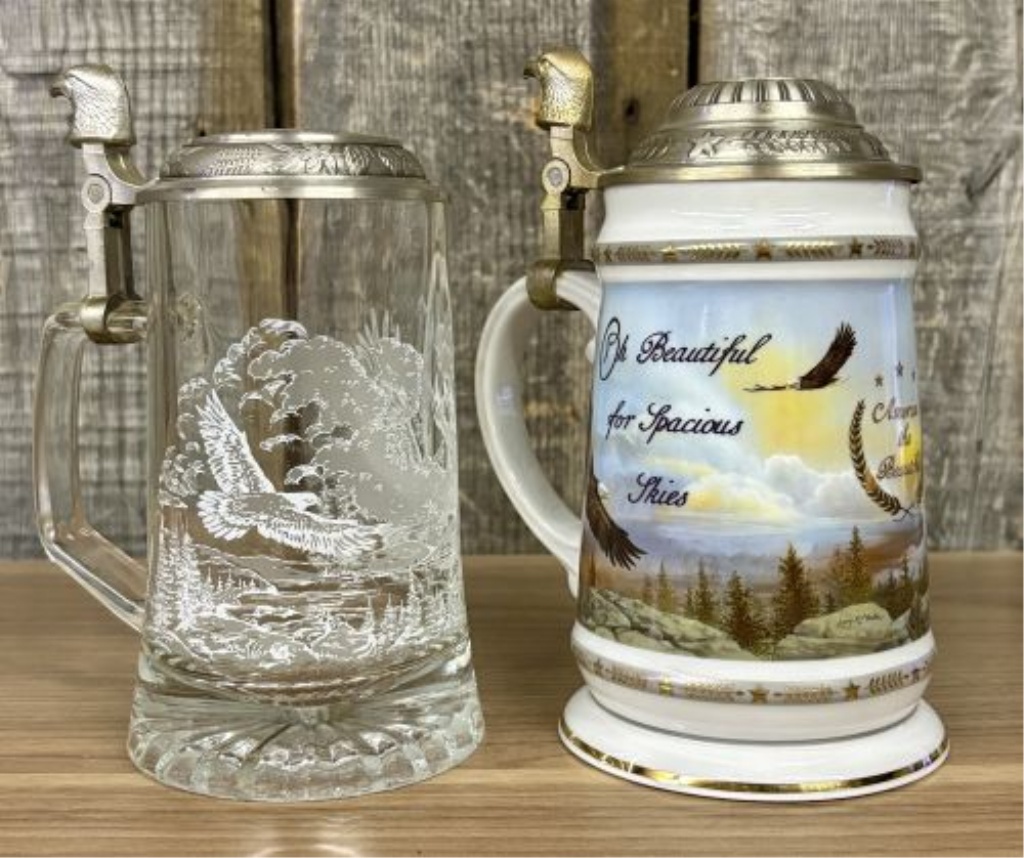 Two Bald Eagle Motif Lidded Beer Steins Including America the Beautiful Series
