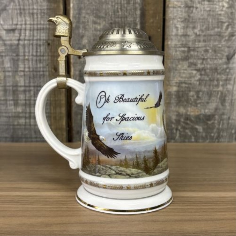 Two Bald Eagle Motif Lidded Beer Steins Including America the Beautiful Series