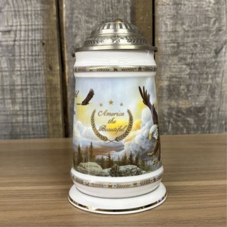 Two Bald Eagle Motif Lidded Beer Steins Including America the Beautiful Series