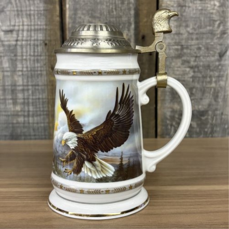 Two Bald Eagle Motif Lidded Beer Steins Including America the Beautiful Series